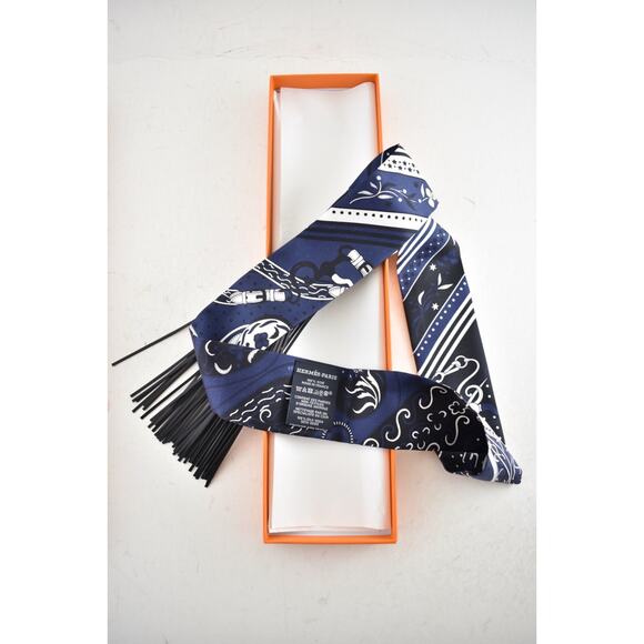 Hermes Scarf Twilly Festival Des Amazones Bandana Blue Noir Black Fringe Leather